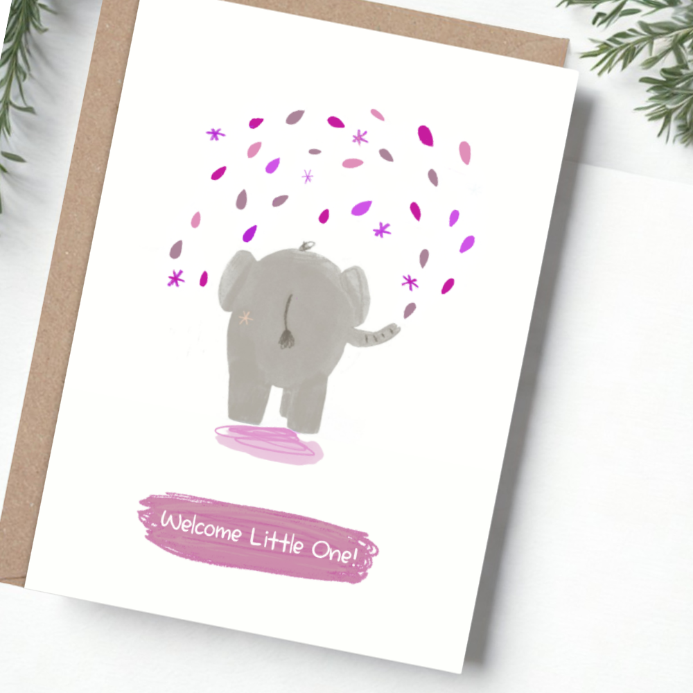 Pink Elephant Baby Girl Card. Welcome Little One! - Mind+Moon