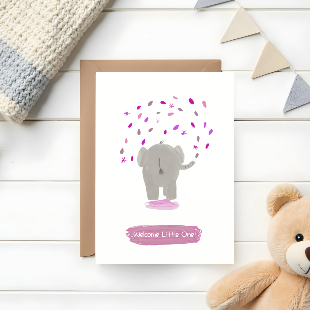 Pink Elephant Baby Girl Card. Welcome Little One! - Mind+Moon