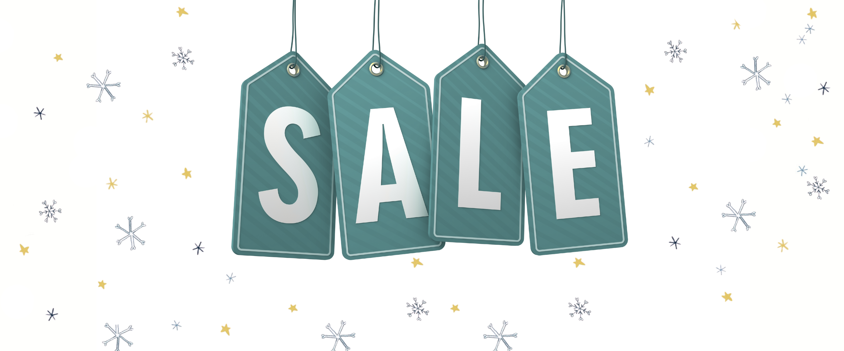 Four green tags with 'SALE' text on a white background with snowflake decorations