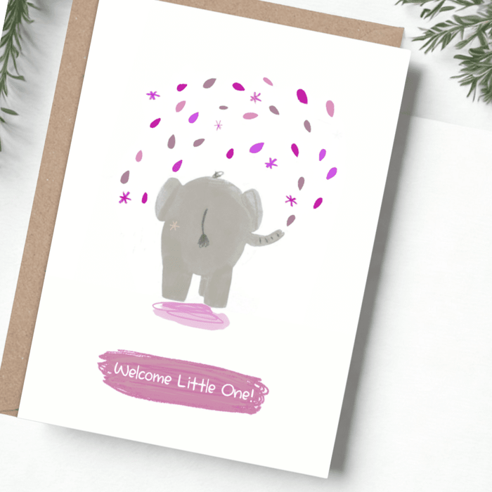 Pink Elephant Baby Girl Card. Welcome Little One! - Mind+Moon